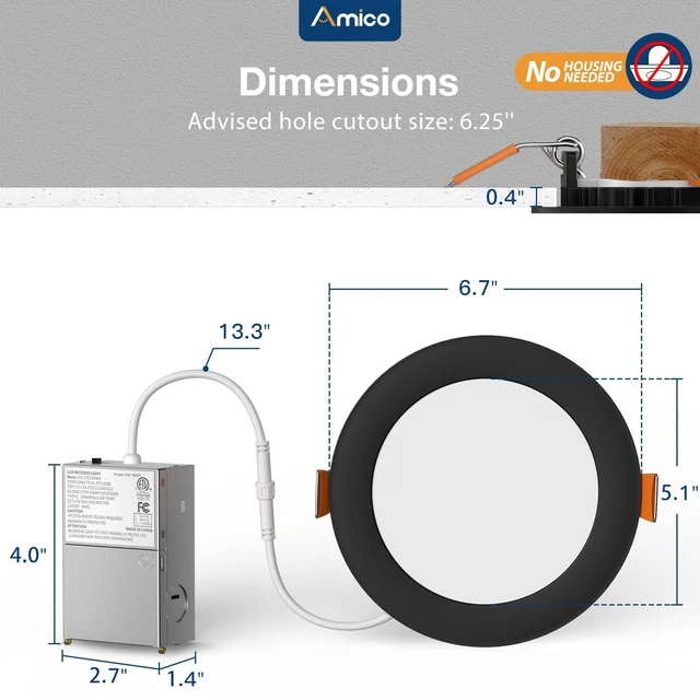 Alt view image 3 of 7 - 4 Pack 6 Inch Black 5CCT Ultra-Thin LED Recessed Ceiling Light 1050LM High Brightness, 12W Low Power, 5%-100% Smooth Dimming, Junction Box Included, ETL&FCC Listed, Canless Wafer Downlight