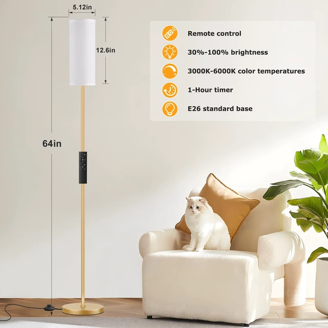 Alt view image 2 of 6 - 64'' Floor Lamps for Living Room with Remote Control and Stepless Dimmable Colors Temperature & Brightness, 9W Bulb Included(White Lampshade & Gold Pole)