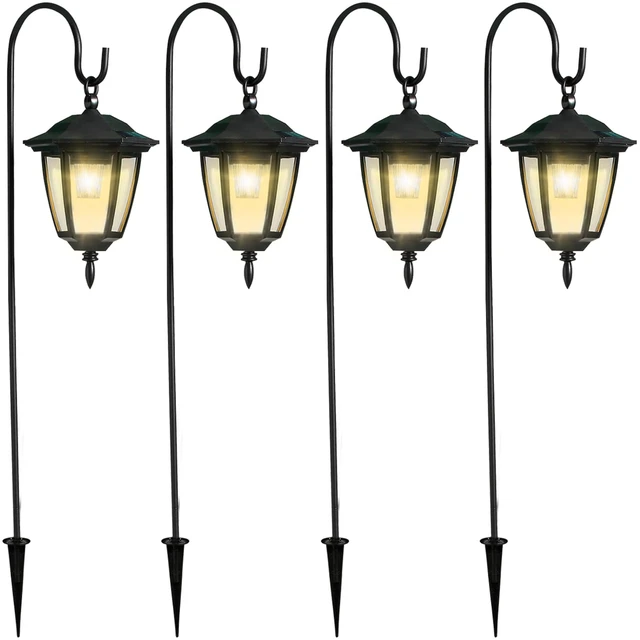 Main image of 4 Pack Solar Hanging Lights Outdoor, Solar Powered Garden Decorative Lanterns with 4 x 38 Inch Shepherd Hooks, Waterproof Landscape Lighting for Lawn Patio Yard Pathway Driveway, Warm White