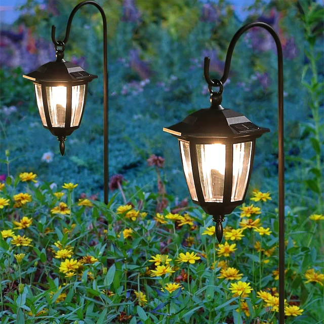 Alt view image 4 of 7 - 4 Pack Solar Hanging Lights Outdoor, Solar Powered Garden Decorative Lanterns with 4 x 38 Inch Shepherd Hooks, Waterproof Landscape Lighting for Lawn Patio Yard Pathway Driveway, Warm White