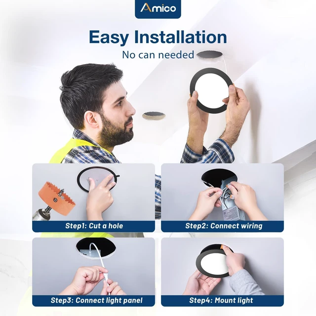 Alt view image 6 of 7 - 4 Pack 6 Inch Black 5CCT Ultra-Thin LED Recessed Ceiling Light 1050LM High Brightness, 12W Low Power, 5%-100% Smooth Dimming, Junction Box Included, ETL&FCC Listed, Canless Wafer Downlight
