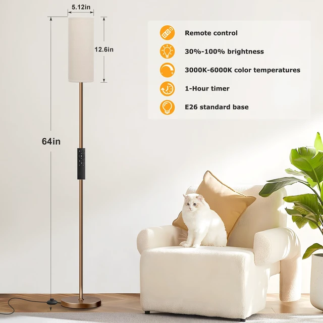 Alt view image 2 of 7 - 64'' Floor Lamps for Living Room with Remote Control and Stepless Dimmable Colors Temperature & Brightness, 9W Bulb Included(Beige Lampshade & Brown Pole)