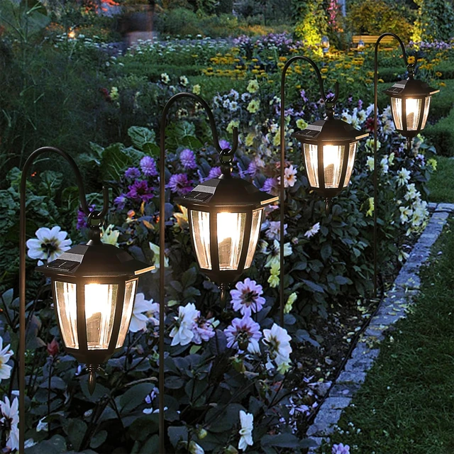 Alt view image 6 of 7 - 4 Pack Solar Hanging Lights Outdoor, Solar Powered Garden Decorative Lanterns with 4 x 38 Inch Shepherd Hooks, Waterproof Landscape Lighting for Lawn Patio Yard Pathway Driveway, Warm White