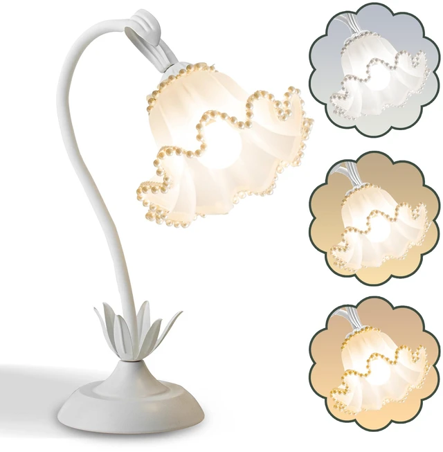 Main image of Flower Table Lamp, LED Reading Light Vintage Night light (White Pearls) 3 Colors Modes Kawaii Bedside Lamps Decor,Living Room Bedroom Room Lighting Table Lamps Home Decoration