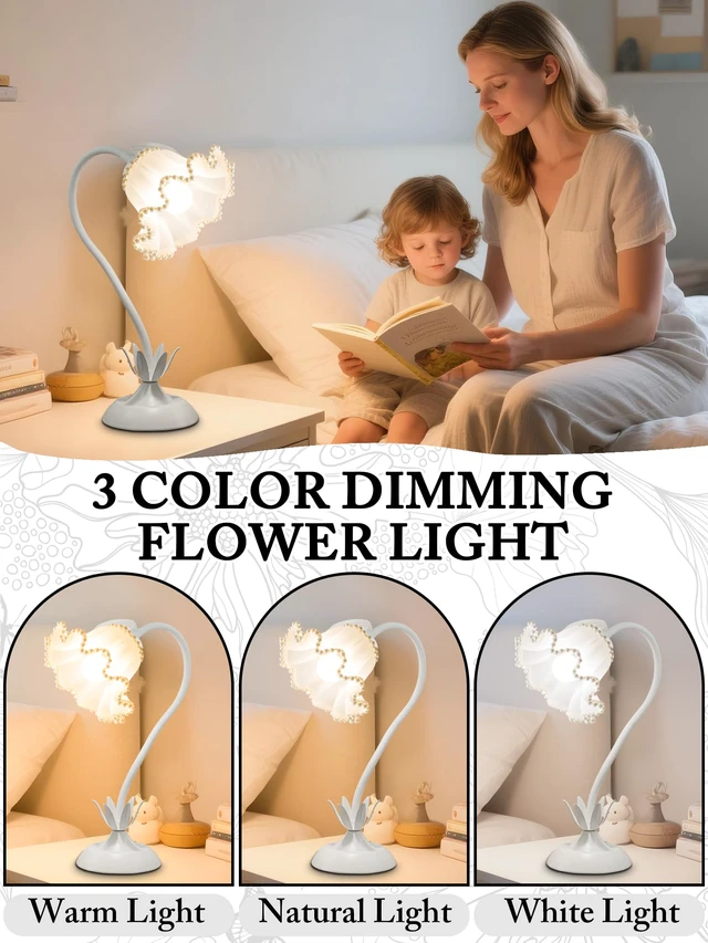 Alt view image 3 of 6 - Flower Table Lamp, LED Reading Light Vintage Night light (White Pearls) 3 Colors Modes Kawaii Bedside Lamps Decor,Living Room Bedroom Room Lighting Table Lamps Home Decoration