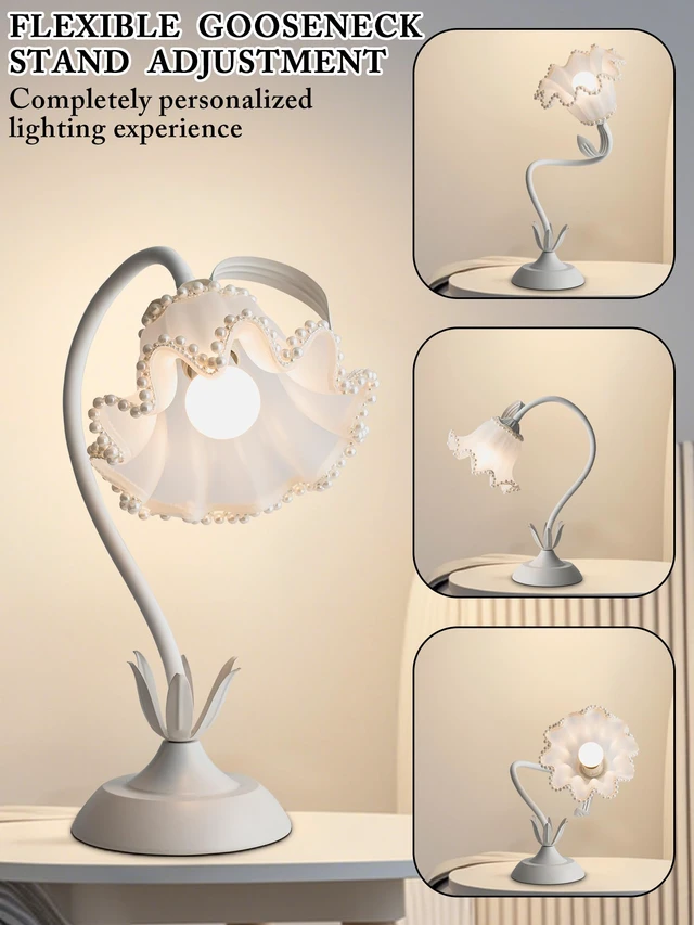 Alt view image 4 of 6 - Flower Table Lamp, LED Reading Light Vintage Night light (White Pearls) 3 Colors Modes Kawaii Bedside Lamps Decor,Living Room Bedroom Room Lighting Table Lamps Home Decoration