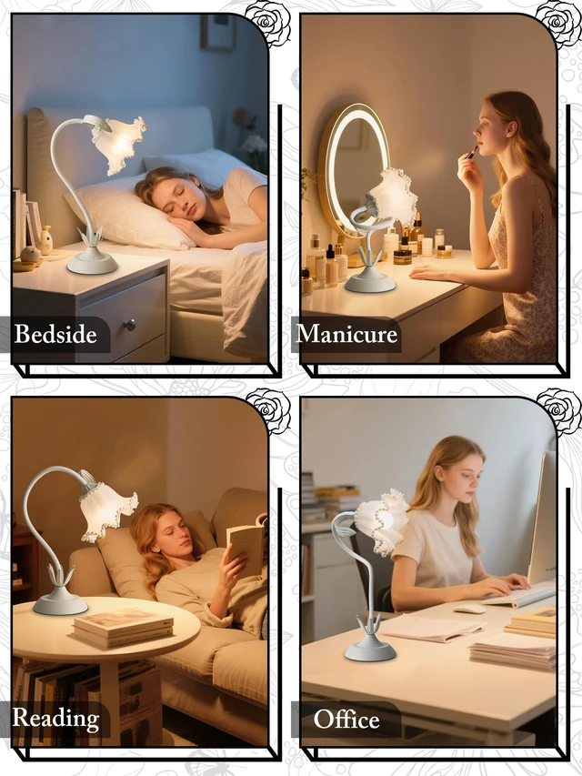 Alt view image 6 of 6 - Flower Table Lamp, LED Reading Light Vintage Night light (White Pearls) 3 Colors Modes Kawaii Bedside Lamps Decor,Living Room Bedroom Room Lighting Table Lamps Home Decoration