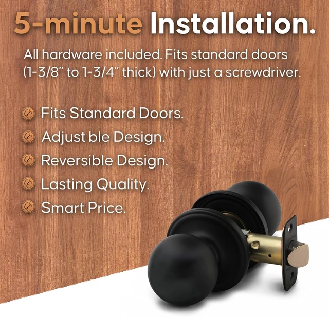 Alt view image 3 of 7 - Passage Interior Door Knob ANSI Grade-3 Certified, Modern Heavy Duty Handle, Easy Install and Reversible for Bedroom, Bathroom & Closets Matte Black (1 Pack)