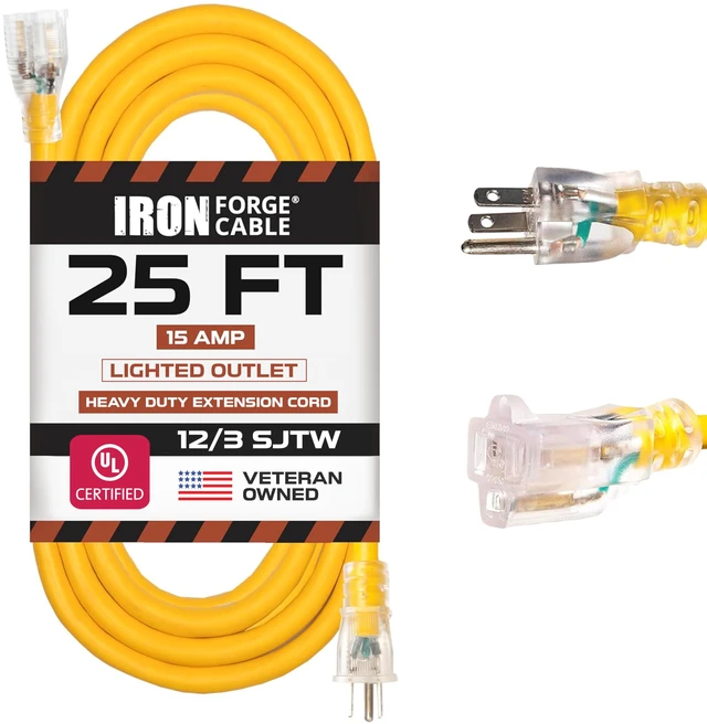 Main image of 25 ft Lighted Outdoor Extension Cord - 12/3 SJTW Heavy Duty Yellow Extension Cable Extension Cable with 3 Prong Grounded Plug for Safety, 15AMP -Great for Garden and Major Appliances