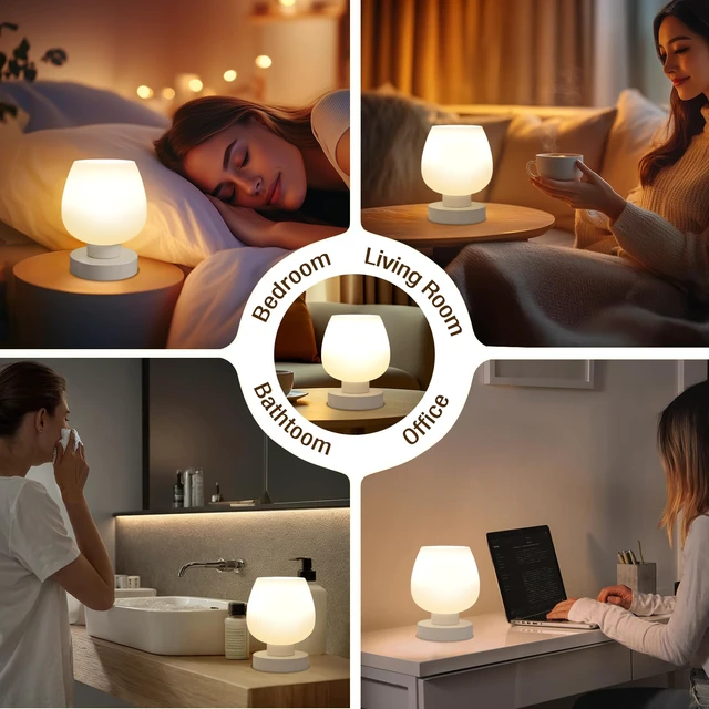 Alt view image 6 of 7 - Small Touch Table Lamp for Nightstand, 3 Way Dimmable Bedside Lamp White Glass Shade, Bedroom, Living Room, Night Stands, Small Spaces, LED Bulb Included, Gift Choice