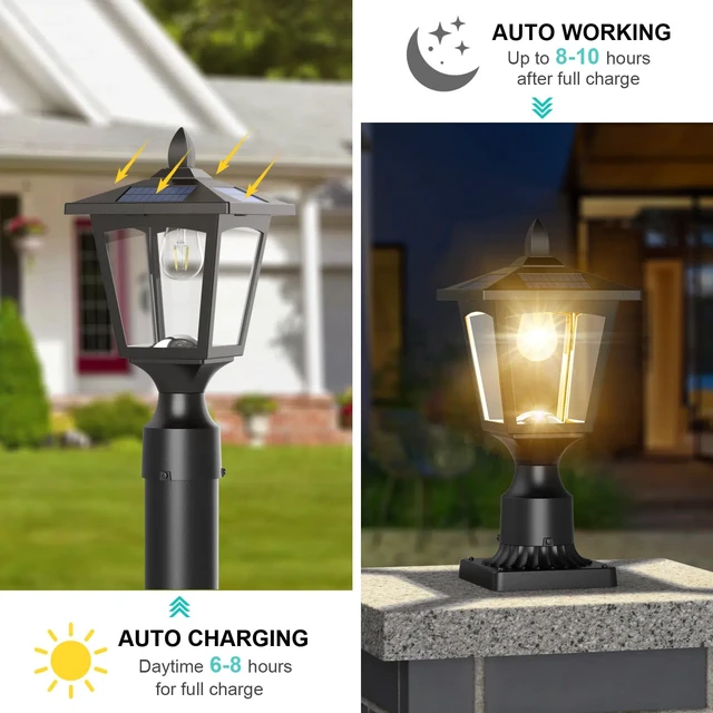 Alt view image 3 of 7 - Solar Post Lights, 3000K Dusk to Dawn Solar Lamp Post Light with Pier Mount Base, Solar Post Lights Outdoor Waterproof for Garden Yard Landscape Pole Pillar, Outside Decorative Lamp(Warm White)