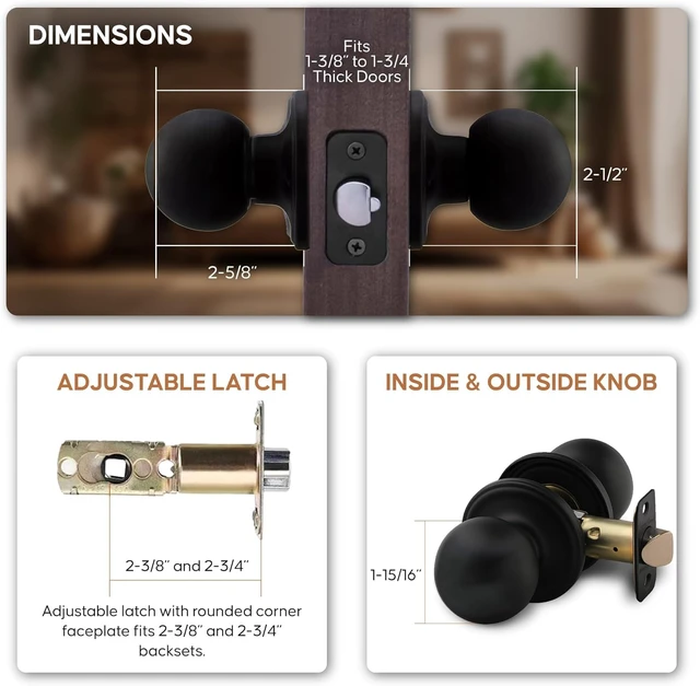 Alt view image 4 of 7 - Passage Interior Door Knob ANSI Grade-3 Certified, Modern Heavy Duty Handle, Easy Install and Reversible for Bedroom, Bathroom & Closets Matte Black (1 Pack)