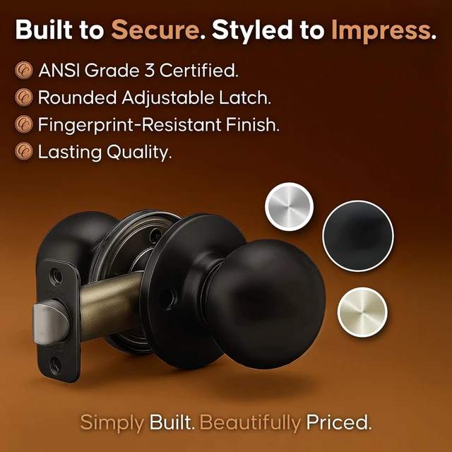 Alt view image 5 of 7 - Passage Interior Door Knob ANSI Grade-3 Certified, Modern Heavy Duty Handle, Easy Install and Reversible for Bedroom, Bathroom & Closets Matte Black (1 Pack)