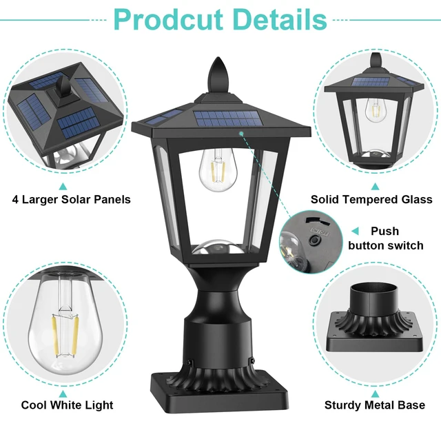 Alt view image 5 of 7 - Solar Post Lights, 3000K Dusk to Dawn Solar Lamp Post Light with Pier Mount Base, Solar Post Lights Outdoor Waterproof for Garden Yard Landscape Pole Pillar, Outside Decorative Lamp(Warm White)