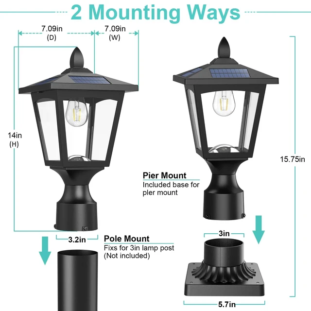 Alt view image 6 of 7 - Solar Post Lights, 3000K Dusk to Dawn Solar Lamp Post Light with Pier Mount Base, Solar Post Lights Outdoor Waterproof for Garden Yard Landscape Pole Pillar, Outside Decorative Lamp(Warm White)