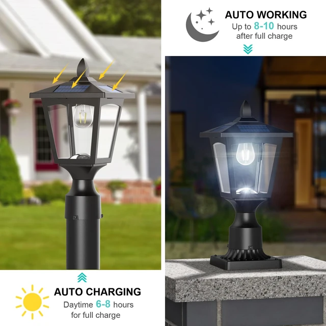 Alt view image 3 of 7 - Solar Post Lights, 6000K Dusk to Dawn Solar Lamp Post Light with Pier Mount Base, Solar Post Lights Outdoor Waterproof for Garden Yard Landscape Pole Pillar, Outside Decorative Lamp(Cool White)