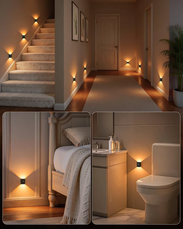 Alt view image 2 of 7 - Rechargeable Motion Sensor Light Indoor,Magnetic Stair Lights 8 Pack Mini Wireless Warm White Hallway Night Light, 3-in-1 Charging Cable for Stairway, Bathroom, Bedroom, Kitchen, Closet