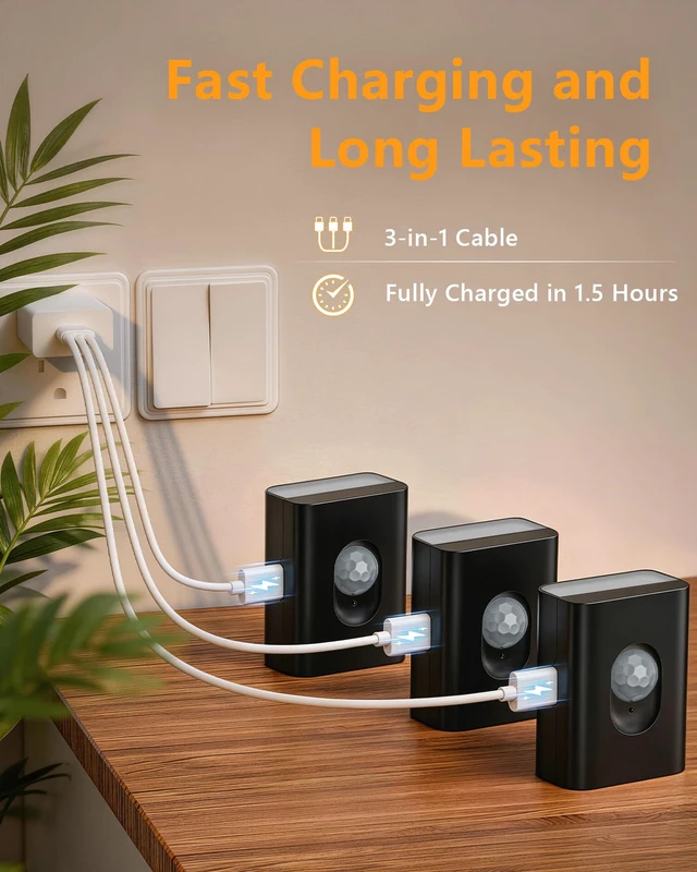 Alt view image 4 of 7 - Rechargeable Motion Sensor Light Indoor,Magnetic Stair Lights 8 Pack Mini Wireless Warm White Hallway Night Light, 3-in-1 Charging Cable for Stairway, Bathroom, Bedroom, Kitchen, Closet