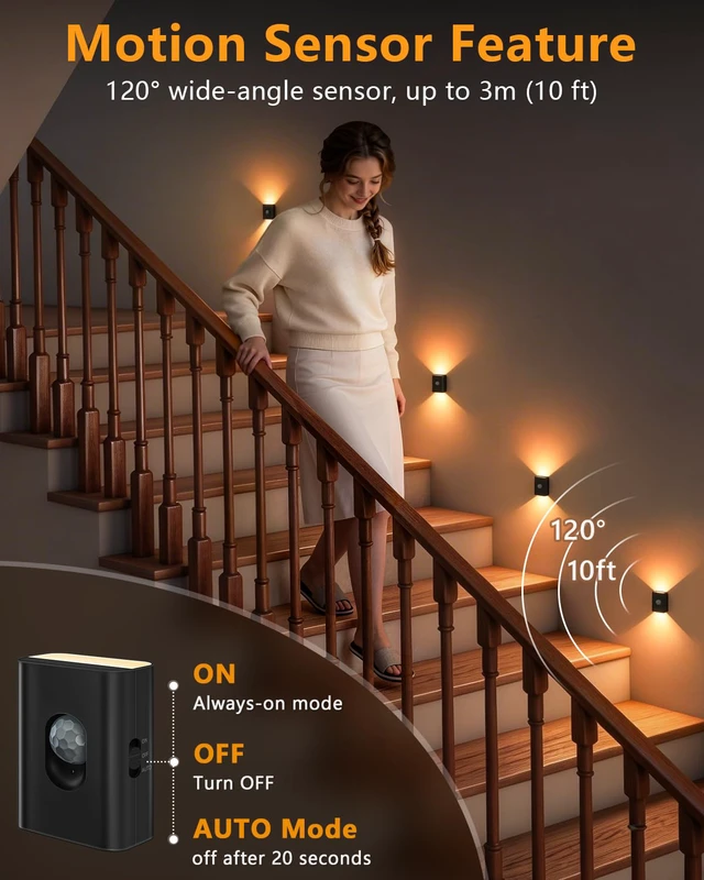 Alt view image 6 of 7 - Rechargeable Motion Sensor Light Indoor,Magnetic Stair Lights 8 Pack Mini Wireless Warm White Hallway Night Light, 3-in-1 Charging Cable for Stairway, Bathroom, Bedroom, Kitchen, Closet