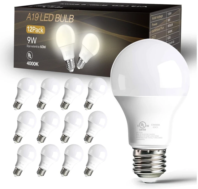 Main image of 12 Pack LED Bulbs Natural White 4000K, 60 Watt Equivalent A19 Standard Bulbs, E26 Base, 800 LM, Efficient 9W Energy Saving, Non-Dimmable, 80+ CRI, 120V, UL Listed, for Living Room, Office