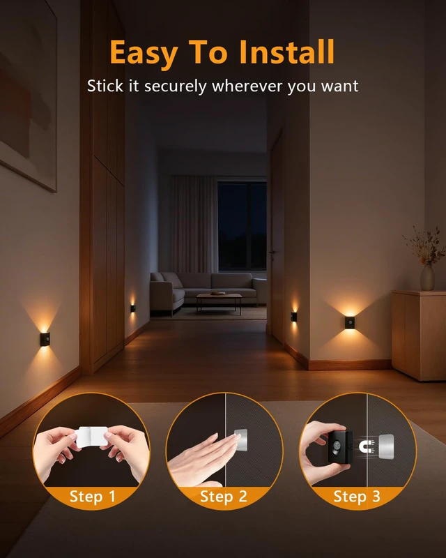 Alt view image 7 of 7 - Rechargeable Motion Sensor Light Indoor,Magnetic Stair Lights 8 Pack Mini Wireless Warm White Hallway Night Light, 3-in-1 Charging Cable for Stairway, Bathroom, Bedroom, Kitchen, Closet