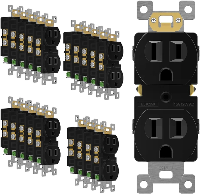 Main image of 20 Pack Duplex Wall Outlet, 15 Amp Electrical Receptacle, Black 15A 125V, self-grounding, 2-Pole, 3-Wire, shallow body design, UL Listed, Residential Grade, wide compatibility