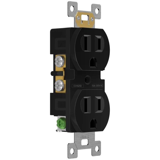 Alt view image 2 of 7 - 20 Pack Duplex Wall Outlet, 15 Amp Electrical Receptacle, Black 15A 125V, self-grounding, 2-Pole, 3-Wire, shallow body design, UL Listed, Residential Grade, wide compatibility