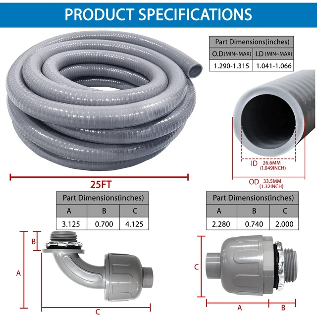 Alt view image 5 of 7 - 1inch 25ft Electrical Conduit Kit,Liquid-Tight Conduit and Connector Flex Conduit Kit with 5 Straight and 3 Angle Fittings Included,Flexible Non - Metallic Electrical Conduit(1" Dia, 25 Feet)