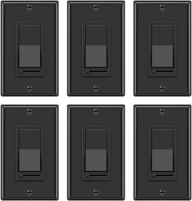 Main image of 6PK Dimmer Wall Light Switch, Single Pole or 3-Way Dimmer Switches UL Listed, Compatible with Dimmable LED, CFL, Incandescent and Halogen Bulb, 120VAC, Decorator Wall Plate Included, Black
