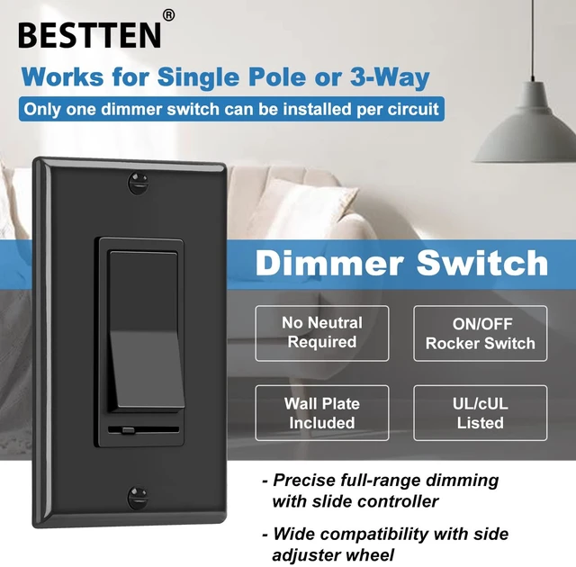 Alt view image 3 of 6 - 6PK Dimmer Wall Light Switch, Single Pole or 3-Way Dimmer Switches UL Listed, Compatible with Dimmable LED, CFL, Incandescent and Halogen Bulb, 120VAC, Decorator Wall Plate Included, Black