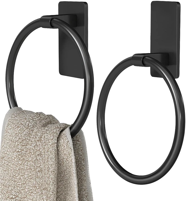 Main image of Black Hand Towel Holder for Bathroom, Adhesive Towel Rings, 2 Pack Self Adhesive Round Towel Holder for Bath RV Kitchen, No Drill Hole