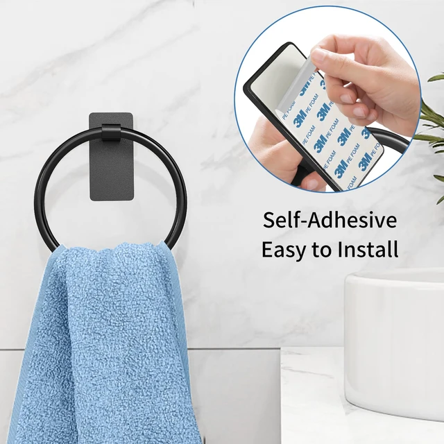 Alt view image 3 of 7 - Black Hand Towel Holder for Bathroom, Adhesive Towel Rings, 2 Pack Self Adhesive Round Towel Holder for Bath RV Kitchen, No Drill Hole