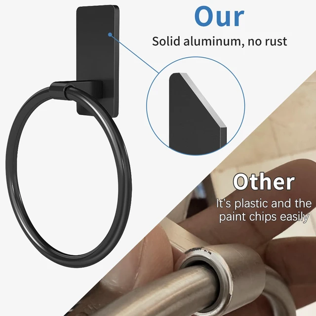 Alt view image 4 of 7 - Black Hand Towel Holder for Bathroom, Adhesive Towel Rings, 2 Pack Self Adhesive Round Towel Holder for Bath RV Kitchen, No Drill Hole