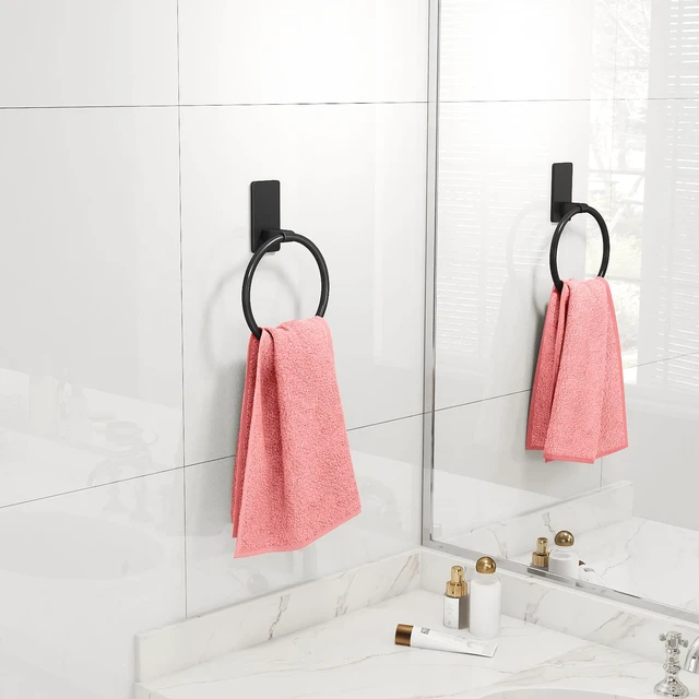Alt view image 7 of 7 - Black Hand Towel Holder for Bathroom, Adhesive Towel Rings, 2 Pack Self Adhesive Round Towel Holder for Bath RV Kitchen, No Drill Hole
