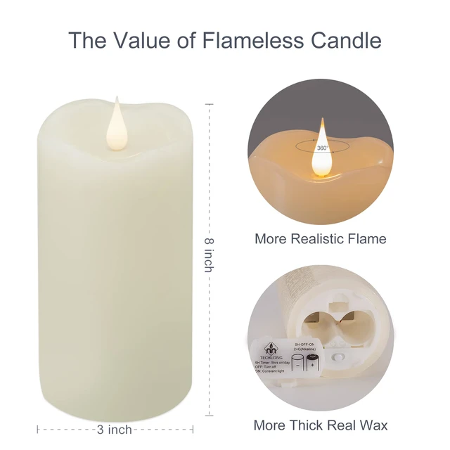 Alt view image 2 of 7 - Flickering Flameless Candles with 3D Moving Flame, Last 1000+ Hours Battery Operated Candles with Timer, Ivory Real Wax Pillar Electric LED Candle for Wedding Christmas Party/3" x 8"
