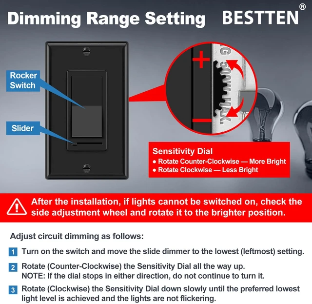Alt view image 5 of 6 - 6PK Dimmer Wall Light Switch, Single Pole or 3-Way Dimmer Switches UL Listed, Compatible with Dimmable LED, CFL, Incandescent and Halogen Bulb, 120VAC, Decorator Wall Plate Included, Black