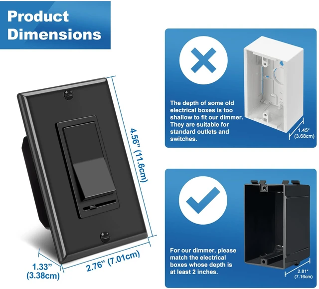 Alt view image 6 of 6 - 6PK Dimmer Wall Light Switch, Single Pole or 3-Way Dimmer Switches UL Listed, Compatible with Dimmable LED, CFL, Incandescent and Halogen Bulb, 120VAC, Decorator Wall Plate Included, Black