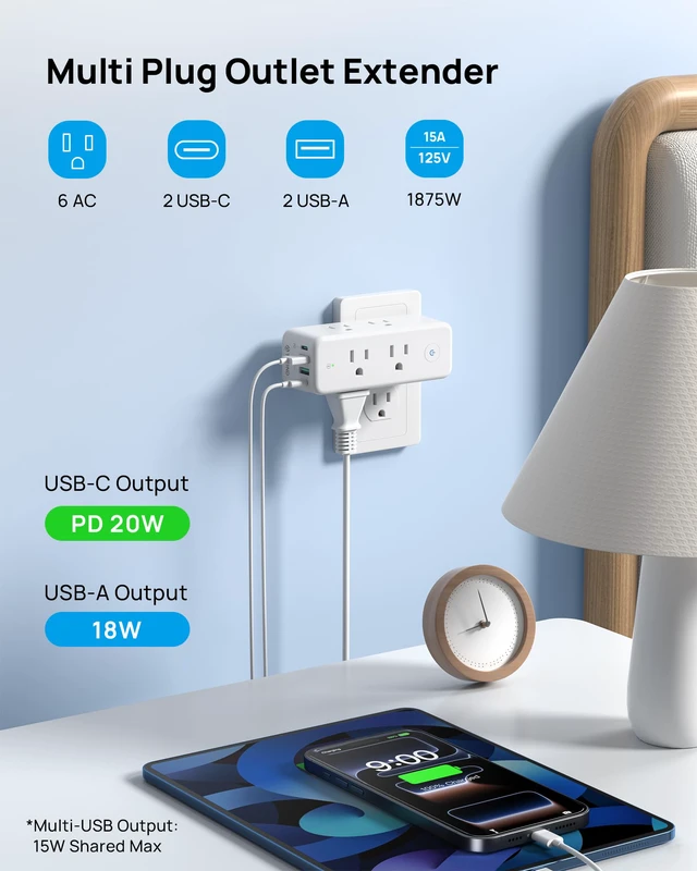 Alt view image 2 of 6 - 2 Pack Outlet Extender with 360 Rotating Plug and PD20W USB C Charger 6-Outlet Surge Protector with On/Off Switch, Sideways Plug Adapter with 4 USB Ports to Free up Sockets in Kitchen, Bathroom