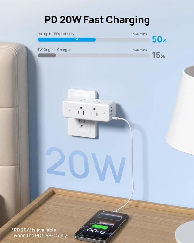 Alt view image 3 of 6 - 2 Pack Outlet Extender with 360 Rotating Plug and PD20W USB C Charger 6-Outlet Surge Protector with On/Off Switch, Sideways Plug Adapter with 4 USB Ports to Free up Sockets in Kitchen, Bathroom