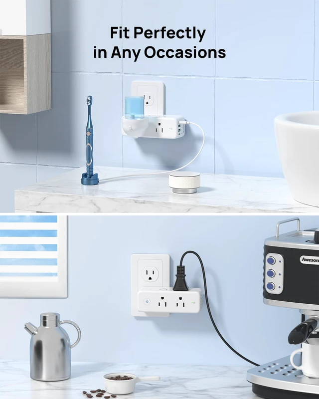 Alt view image 6 of 6 - 2 Pack Outlet Extender with 360 Rotating Plug and PD20W USB C Charger 6-Outlet Surge Protector with On/Off Switch, Sideways Plug Adapter with 4 USB Ports to Free up Sockets in Kitchen, Bathroom