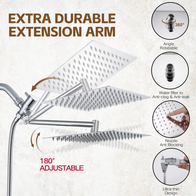 Alt view image 4 of 7 - Shower Head,10Rain Shower Head with Handheld Spray Combo and Adjustable Extension Arm/3-Way Flow Regulator/Shower System,High Pressure Rain Fall Hose,Chrome