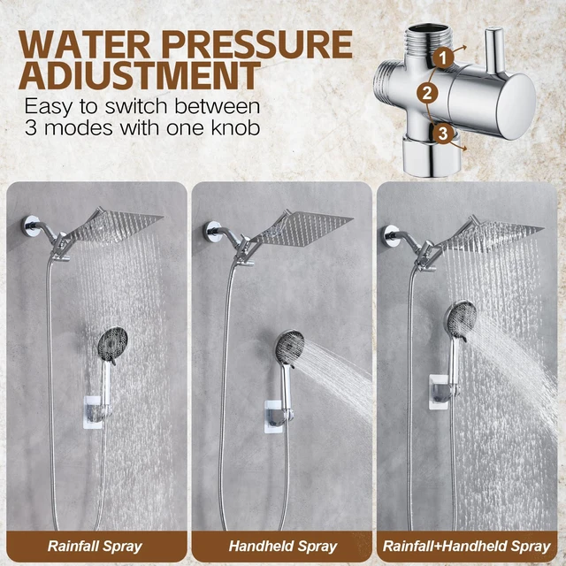 Alt view image 3 of 7 - Shower Head,10Rain Shower Head with Handheld Spray Combo and Adjustable Extension Arm/3-Way Flow Regulator/Shower System,High Pressure Rain Fall Hose,Chrome