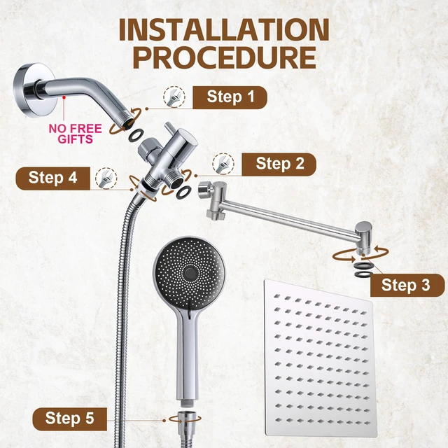 Alt view image 6 of 7 - Shower Head,10Rain Shower Head with Handheld Spray Combo and Adjustable Extension Arm/3-Way Flow Regulator/Shower System,High Pressure Rain Fall Hose,Chrome