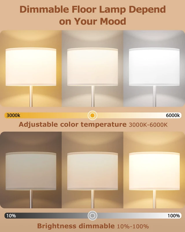 Alt view image 2 of 7 - Dimmable Floor Lamp for Living Room with Remote, 9W 900LM LED Bulb Included, White Shade Silver Pole