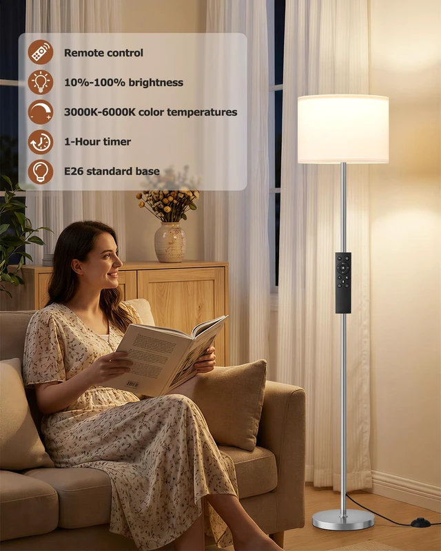 Alt view image 4 of 7 - Dimmable Floor Lamp for Living Room with Remote, 9W 900LM LED Bulb Included, White Shade Silver Pole