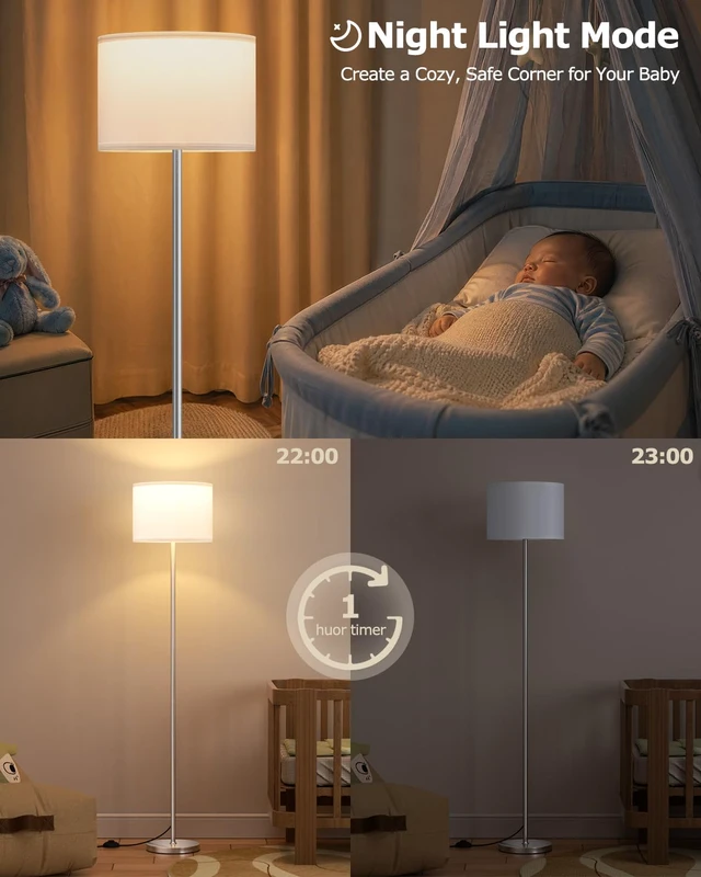 Alt view image 6 of 7 - Dimmable Floor Lamp for Living Room with Remote, 9W 900LM LED Bulb Included, White Shade Silver Pole