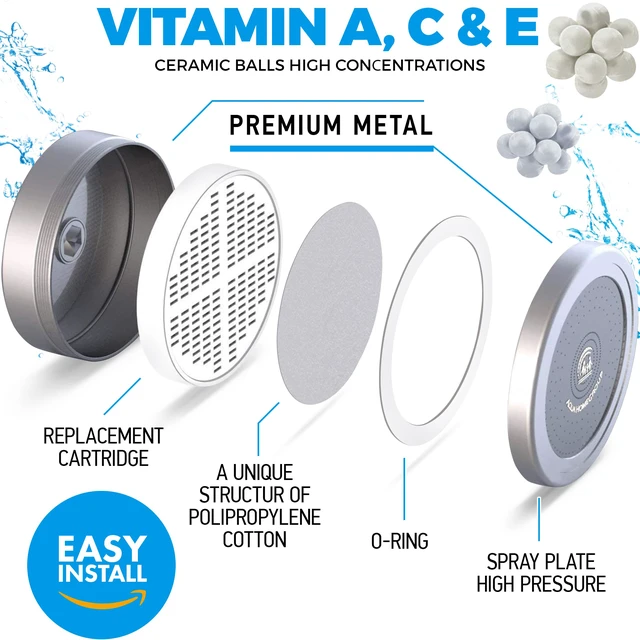 Alt view image 2 of 7 - Filtered Shower Head, Chrome, 2-Stage, 2.5 GPM, 2 Cartridges 2-stage filtration with Vitamin C & E reduces chlorine. Wall-mounted, chrome design delivers a high-pressure rain effect