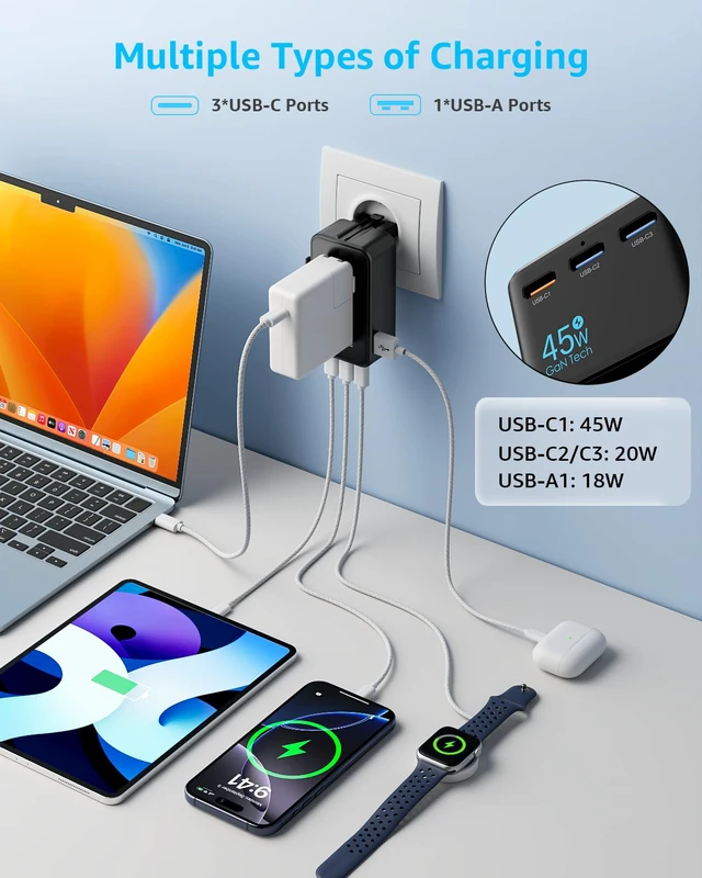 Alt view image 2 of 7 - Air Universal Travel Adapter 3 USB-C 1 USB-A Cover 200+ Countries GaN 45W, International Plug Adapter, All in One Portable Adapter, NOT A Voltage Converter, for USA, UK, EU, AU (Black)
