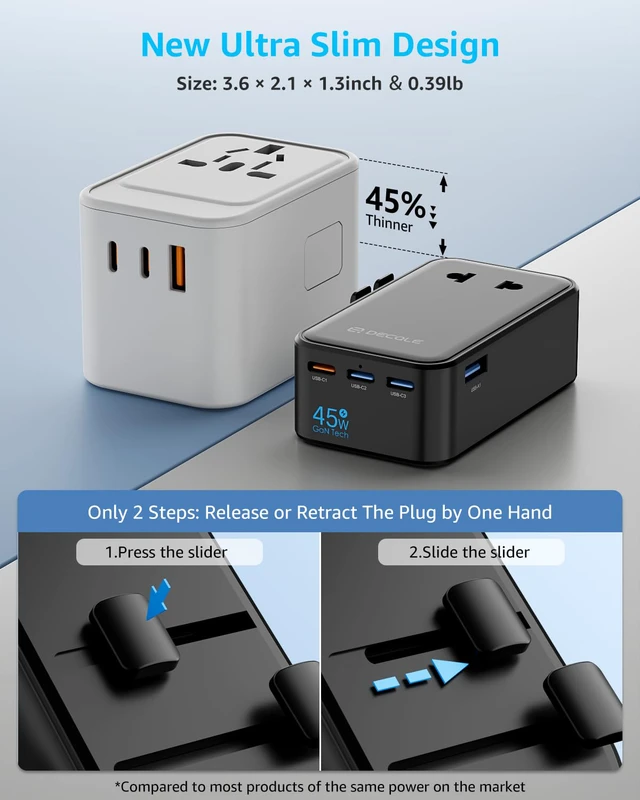 Alt view image 3 of 7 - Air Universal Travel Adapter 3 USB-C 1 USB-A Cover 200+ Countries GaN 45W, International Plug Adapter, All in One Portable Adapter, NOT A Voltage Converter, for USA, UK, EU, AU (Black)