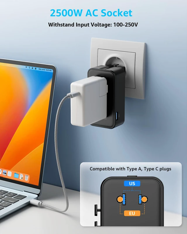 Alt view image 4 of 7 - Air Universal Travel Adapter 3 USB-C 1 USB-A Cover 200+ Countries GaN 45W, International Plug Adapter, All in One Portable Adapter, NOT A Voltage Converter, for USA, UK, EU, AU (Black)